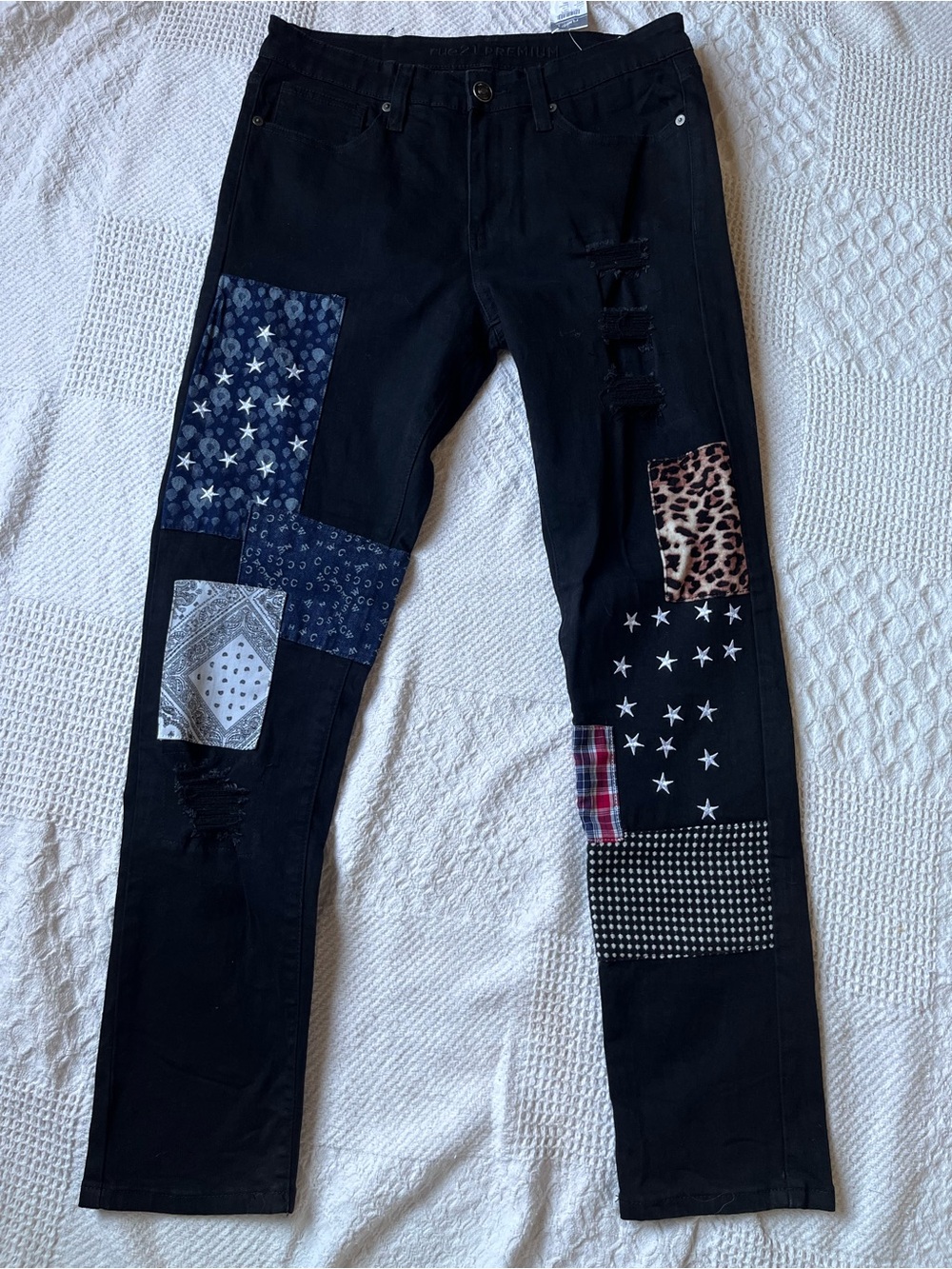 NWT Rue21 Premium flex black skinny jeans patchwork July 4th star 32x32 red blue